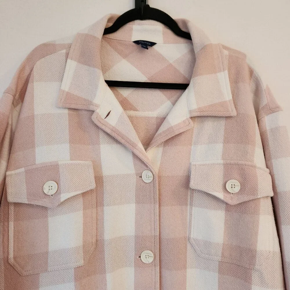 Nautica Shacket Pink White Buffalo Check Button Down Shirt Jacket Soft XXL - Picture 5 of 10